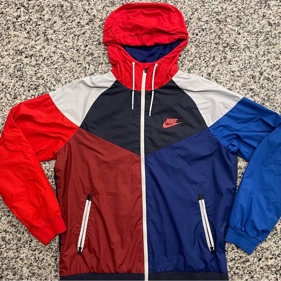 Nike Windbreaker Jacket Mens L Red Blue White ColorBlock WindRunner Lined Vented - Picture 2 of 10